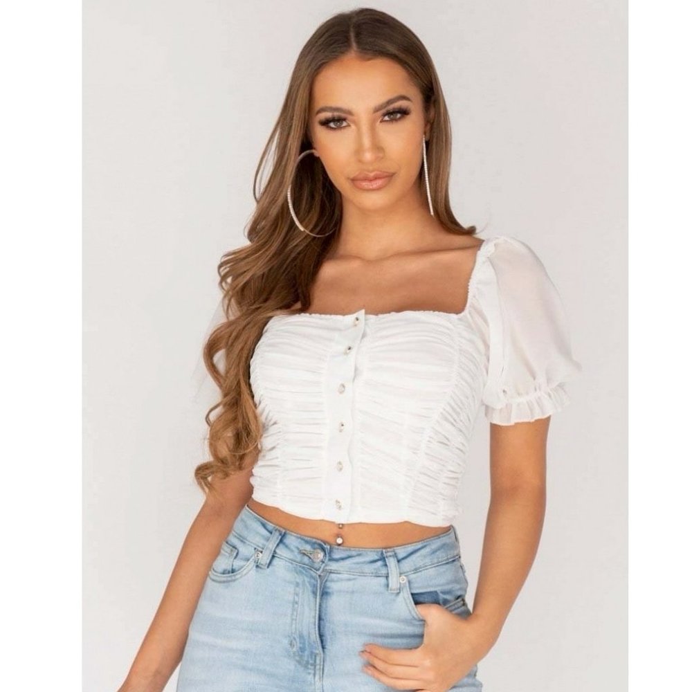 White Short Sleeve Ruched Smocked Crop Top - Picture 1 of 9